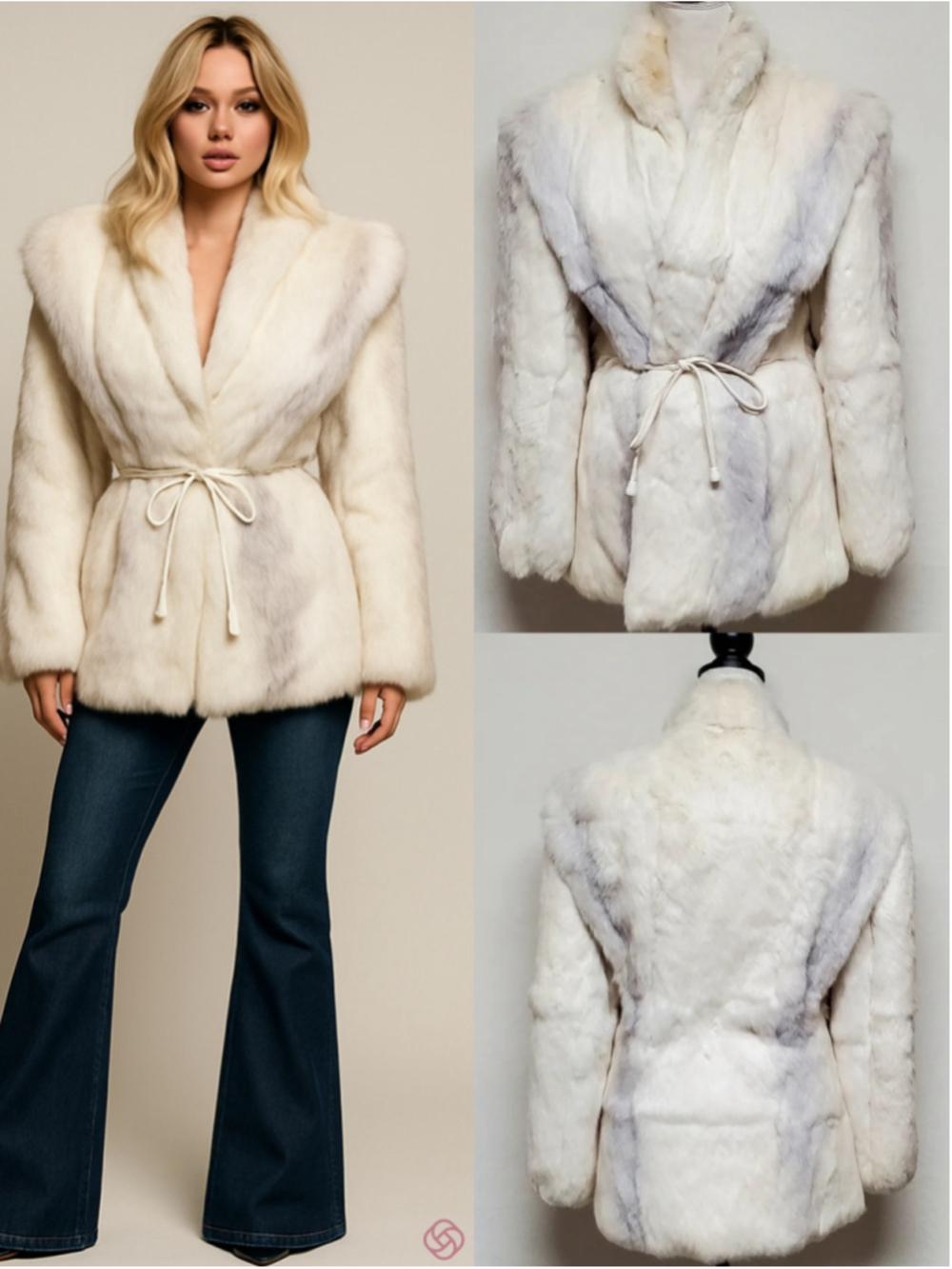 Vintage White Rabbit Fur Gray Striped Flare Sleeve Tie-Waist Mid Length Coat L